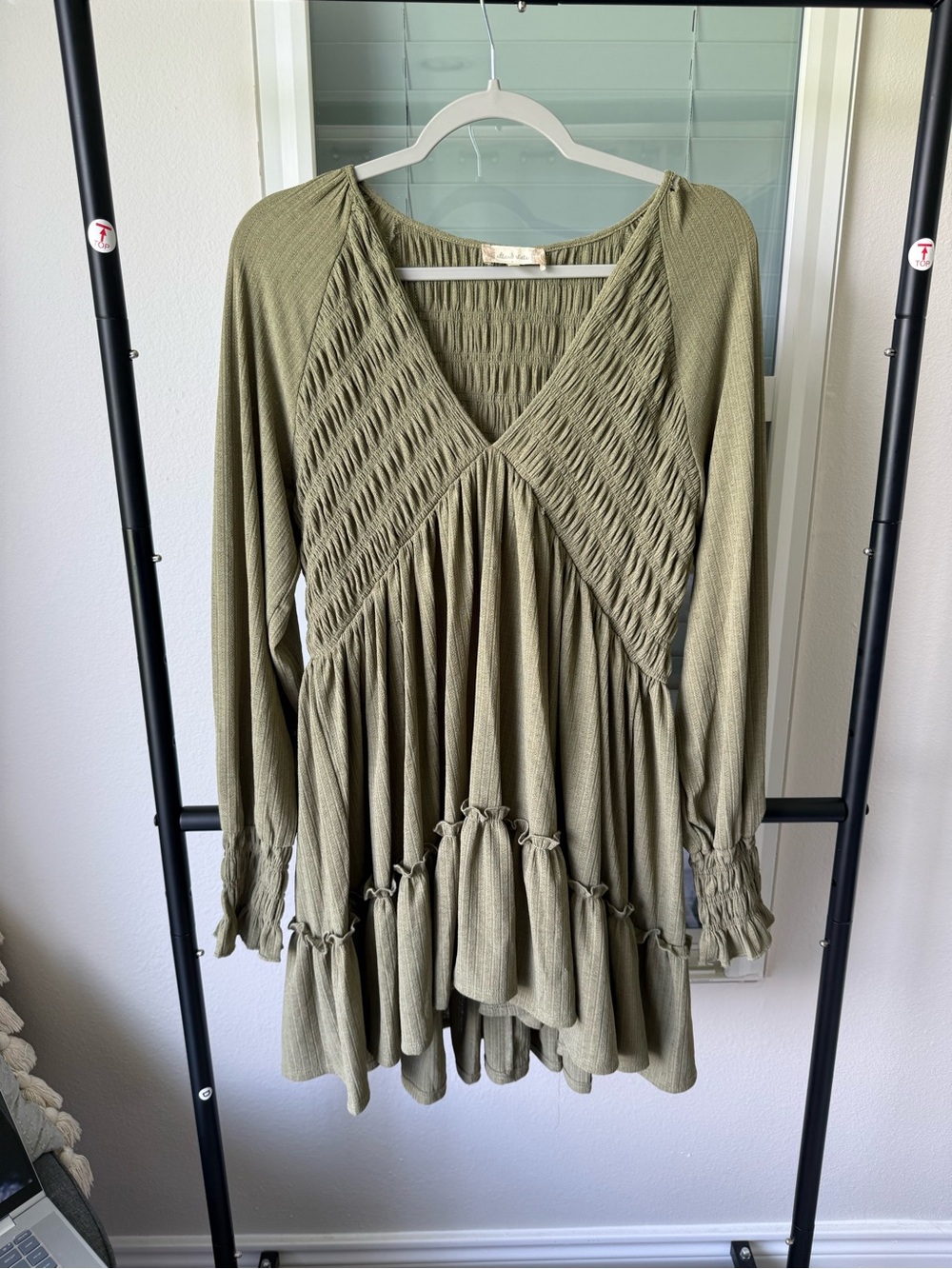 Textured V-Neck Olive Green Dress